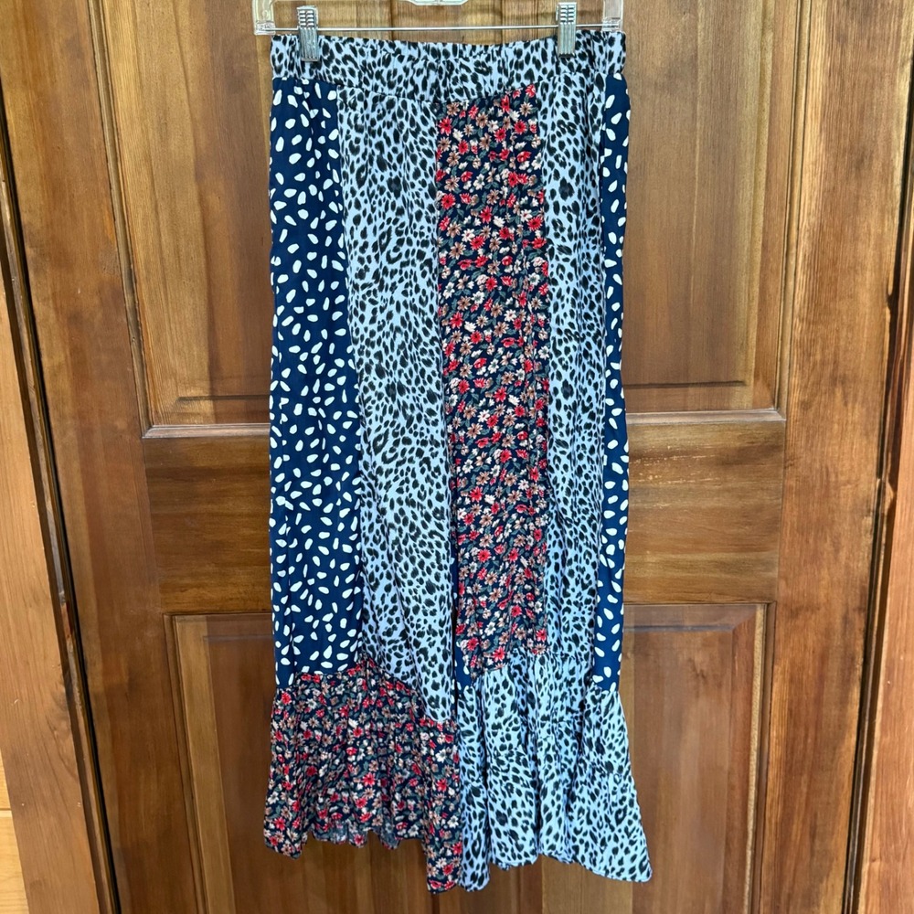 Umgee Womens Mixed Print‎ Patchwork Palazzo Pants Leopard Floral Ruffle Hem S